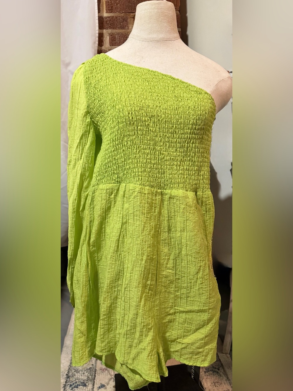 SHEIN Neon Lime One-Shoulder Smocked Romper
